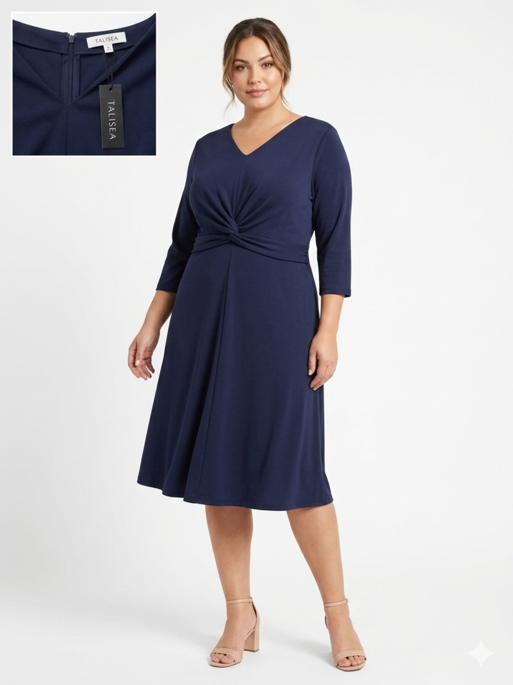 TALISEA Women's Plus Size 24W Navy Blue Twist Front Sheath Dress 3/4 Sleeve Midi